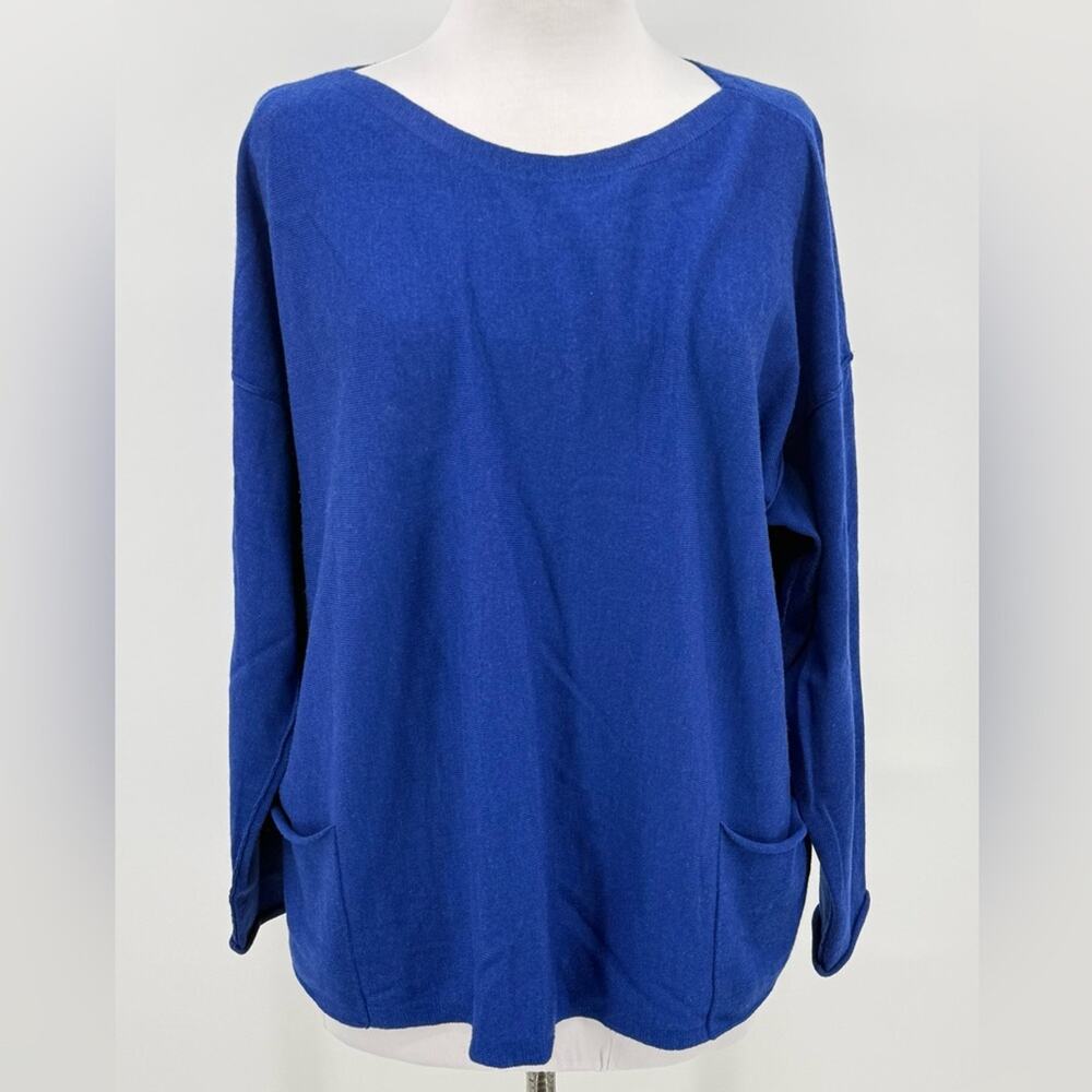 Eileen Fisher Bateau Neck Merino Wool Pockets Boxy Sweater Top Blue Size Large